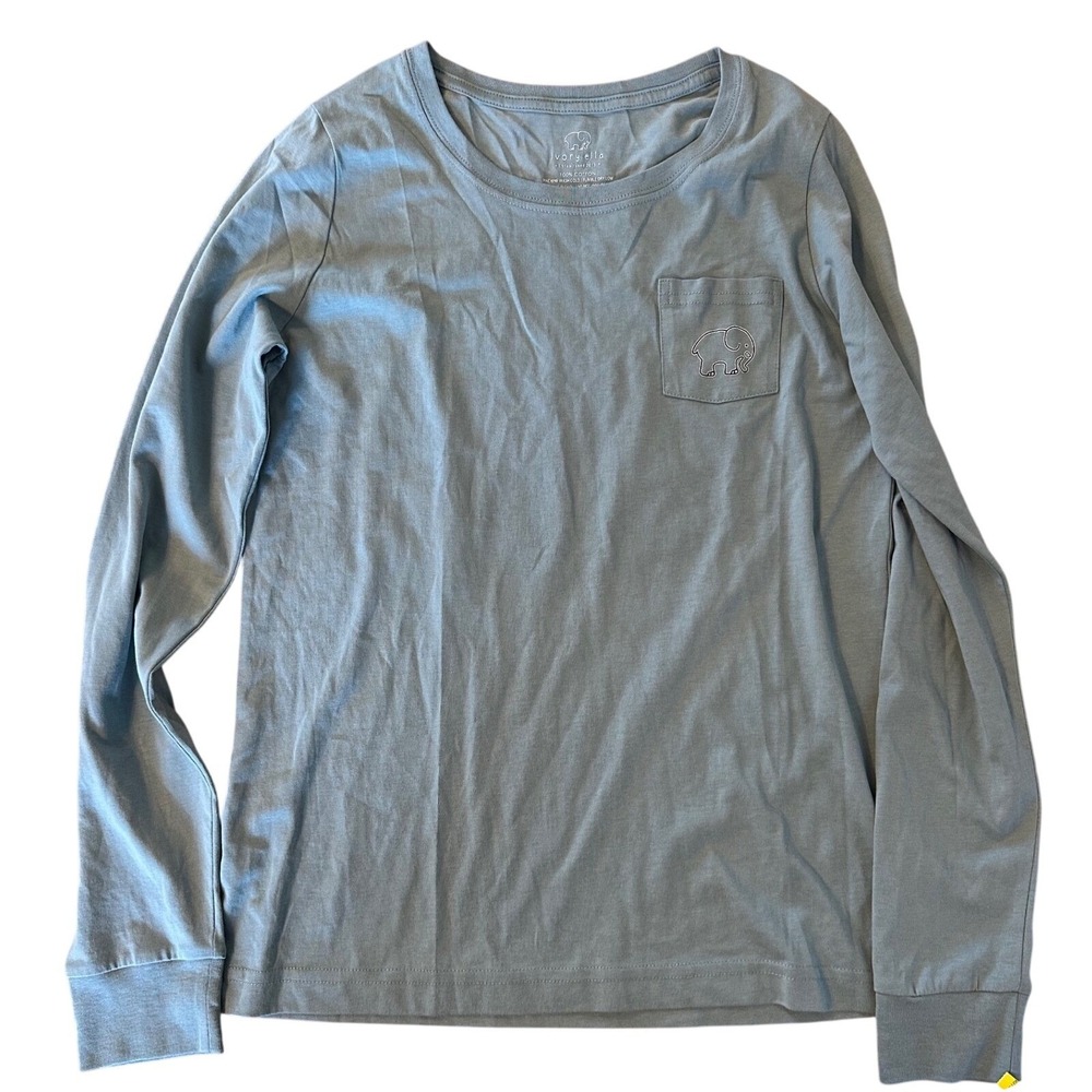 Ivory Ella Women Small Blue Gray Long Sleeve Cotton Pocket T-Shirt Elephant Logo